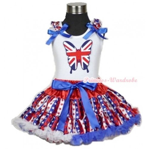 White Tank Top with Patriotic British Butterfly Print with Red White Royal Blue Striped Stars Ruffles & Royal Blue Bow & Red White Royal Blue Striped Stars Pettiskirt MG598 