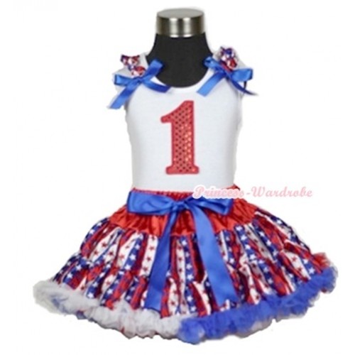 White Tank Top with 1st Sparkle Red Birthday Number Print with Red White Royal Blue Striped Stars Ruffles & Royal Blue Bow & Red White Royal Blue Striped Stars Pettiskirt MG599 