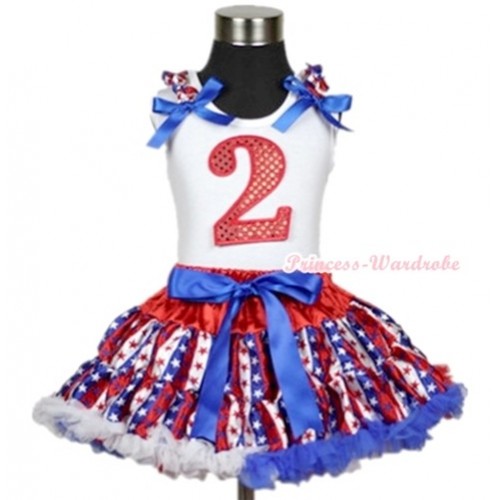 White Tank Top with 2nd Sparkle Red Birthday Number Print with Red White Royal Blue Striped Stars Ruffles & Royal Blue Bow & Red White Royal Blue Striped Stars Pettiskirt MG600 