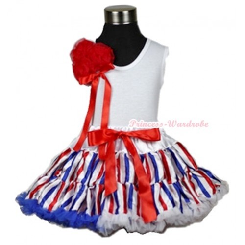 White Tank Top With a Bunch of Red Rosettes& Red Bow With Red White Royal Blue Striped Pettiskirt MG606 