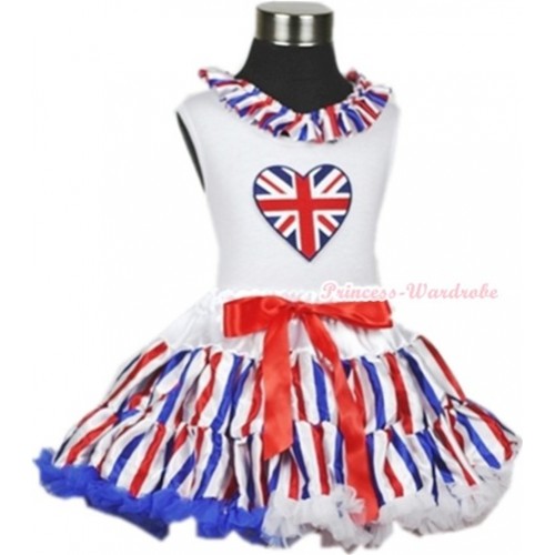 White Tank Top With Red White Royal Blue Striped Satin Lacing & Patriotic British Heart Print With Red White Royal Blue Striped Pettiskirt MG610 