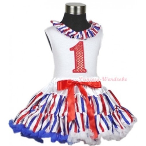 White Tank Top With Red White Royal Blue Striped Satin Lacing & 1st Sparkle Red Birthday Number Print With Red White Royal Blue Striped Pettiskirt MG614 