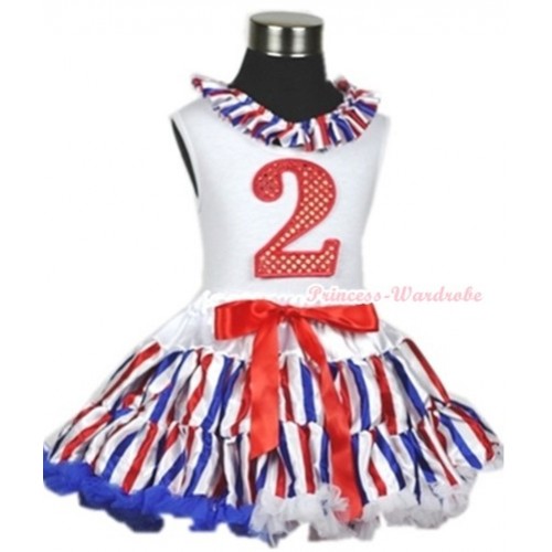 White Tank Top With Red White Royal Blue Striped Satin Lacing & 2nd Sparkle Red Birthday Number Print With Red White Royal Blue Striped Pettiskirt MG615 