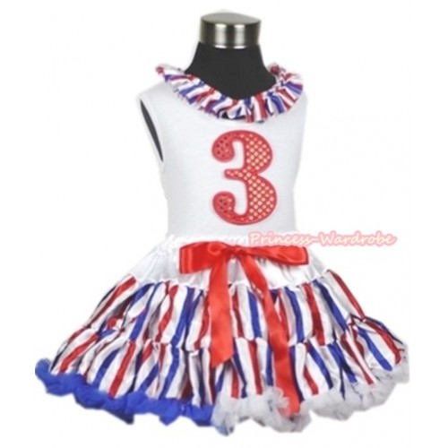 White Tank Top With Red White Royal Blue Striped Satin Lacing & 3rd Sparkle Red Birthday Number Print With Red White Royal Blue Striped Pettiskirt MG616 