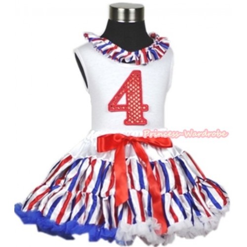 White Tank Top With Red White Royal Blue Striped Satin Lacing & 4th Sparkle Red Birthday Number Print With Red White Royal Blue Striped Pettiskirt MG617 