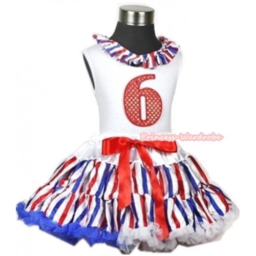 White Tank Top With Red White Royal Blue Striped Satin Lacing & 6th Sparkle Red Birthday Number Print With Red White Royal Blue Striped Pettiskirt MG619 