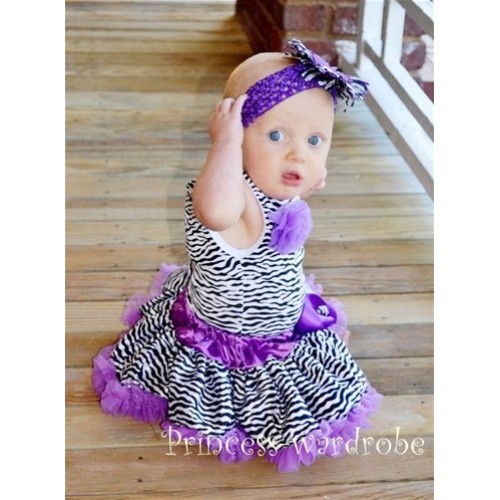 Zebra Print Baby Pettitop & One Dark Purple Rose with Dark Purple Zebra baby pettiskirt NG253 
