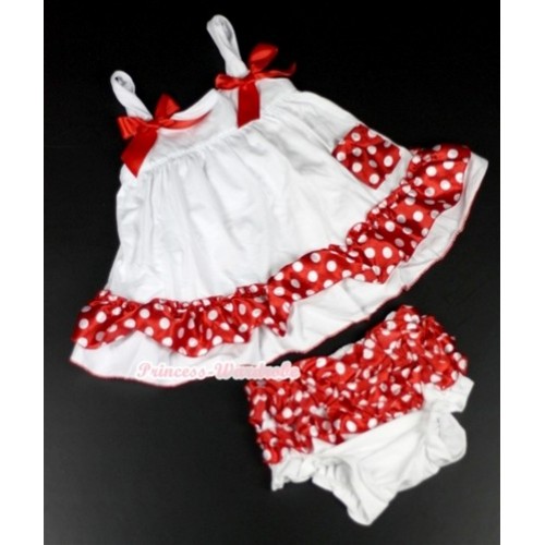 White Minnie Polka Dots Swing Top with Red Bow Matching White Minnie Polka Dots Panties Bloomers SP08 