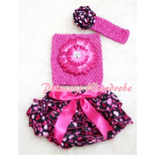 Big Bow Hot Pink Heart Panties Bloomers with Hot Pink Flower Hot Pink Crochet Tube Top and Rose Headband 3PC Set CT85 
