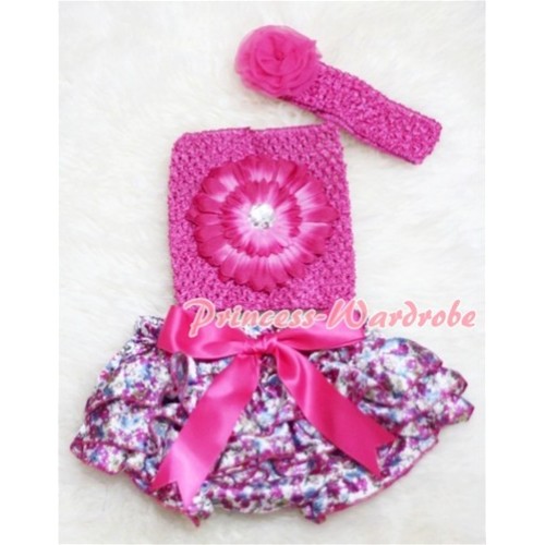 Hot Pink Floral Bloomer with Giant Bow, Hot Pink Flower Hot Pink Crochet Tube Top, Rose Headband 3PC Set CT87 