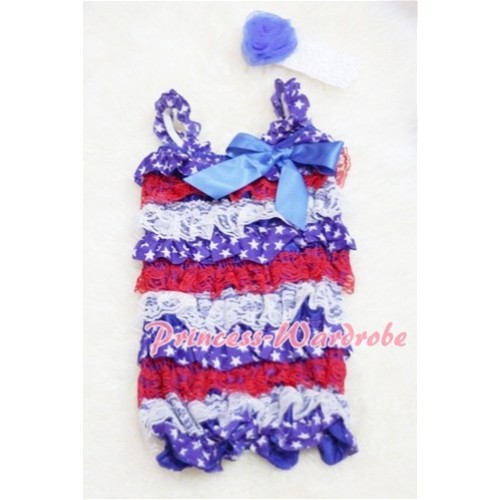 Patriotic America Red White Blue Layer Chiffon Romper with Royal Blue Bow & Straps with Headband Set RH24 