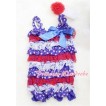 Patriotic America Red White Blue Layer Chiffon Romper with Royal Blue Bow & Straps with Headband Set RH24 