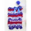 Patriotic America Red White Blue Layer Chiffon Romper with Royal Blue Bow with Headband Set RH23 