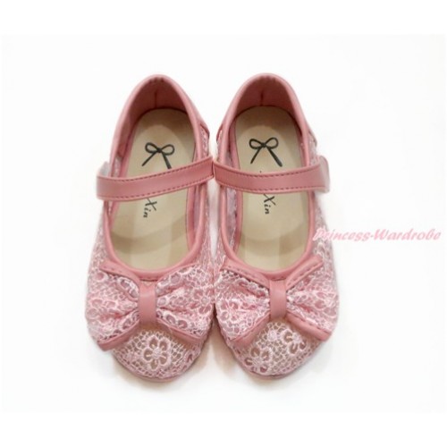 Light Pink Lace See Through With Bow Slip On Girl Shoes 002LightPink 