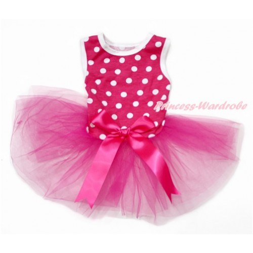 Hot Pink White Dots Sleeveless Hot Pink Gauze Skirt With Hot Pink Bow Pet Dress DC139 