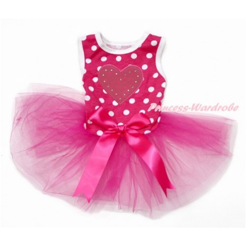 Hot Pink White Dots Sleeveless Hot Pink Gauze Skirt With Hot Pink Heart Print With Hot Pink Bow Pet Dress DC150 