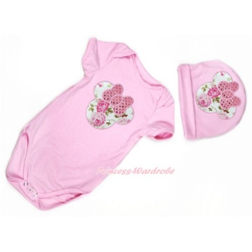 Light Pink Baby Jumpsuit with Sparkle Light Pink Rose Minnie Print with Cap Set JP56 