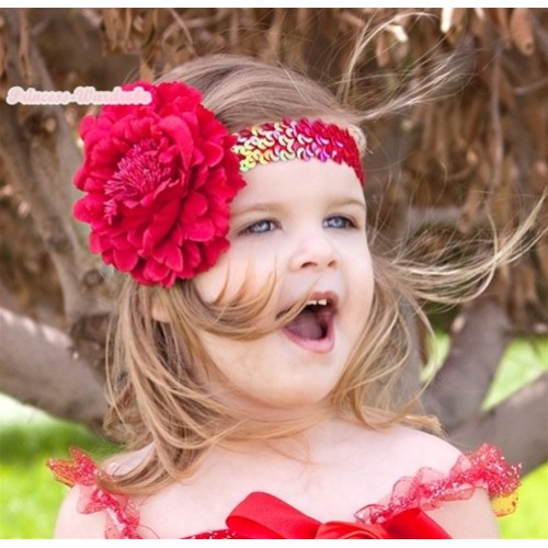 Sparkle Sequin Red Headband With Red Peony Hair Clip H656 