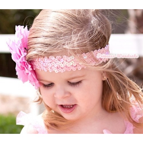 Sparkle Sequin Light Pink Headband With Light Pink Peony Hair Clip H657 