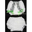 White Bloomer & Zebra Ruffles & Green Bows Bloomers BZ03 