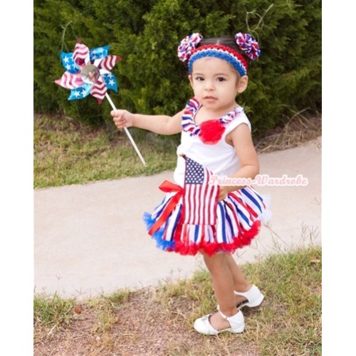 White Baby Pettitop With Red White Royal Blue Striped Satin Lacing & One Red Rose With Red White Royal Blue Striped Pettiskirt NG1168 