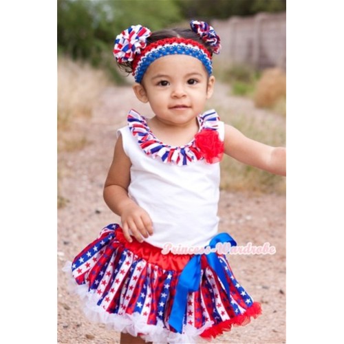 White Baby Pettitop With Red White Royal Blue Striped Satin Lacing & One Red Rose With Red White Royal Blue Striped Stars Pettiskirt NG1169 