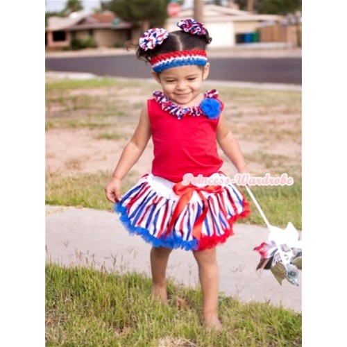 Red Baby Pettitop With Red White Royal Blue Striped Stars Satin Lacing & One Royal Blue Rose With Red White Royal Blue Striped Pettiskirt NG1171 