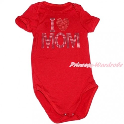 Mother's Day Red Baby Jumpsuit with Sparkle Crystal Bling Rhinestone I Love Mom Print TH478 