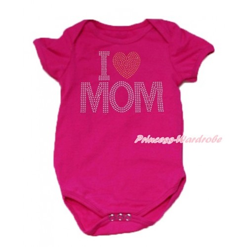 Mother's Day Hot Pink Baby Jumpsuit with Sparkle Crystal Bling Rhinestone I Love Mom Print TH480 