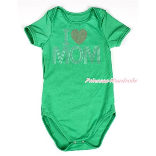 Mother's Day Kelly Green Baby Jumpsuit with Sparkle Crystal Bling Rhinestone I Love Mom Print TH482 
