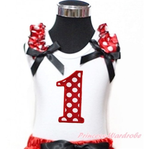 White Tank Top With Minnie Dots Ruffles & Black Bow With 1st Minnie Dots Birthday Number Print TB767 