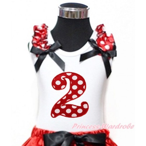 White Tank Top With Minnie Dots Ruffles & Black Bow With 2nd Minnie Dots Birthday Number Print TB768 