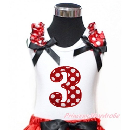 White Tank Top With Minnie Dots Ruffles & Black Bow With 3rd Minnie Dots Birthday Number Print TB769 