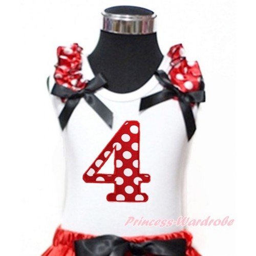 White Tank Top With Minnie Dots Ruffles & Black Bow With 4th Minnie Dots Birthday Number Print TB770 