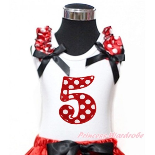White Tank Top With Minnie Dots Ruffles & Black Bow With 5th Minnie Dots Birthday Number Print TB771 
