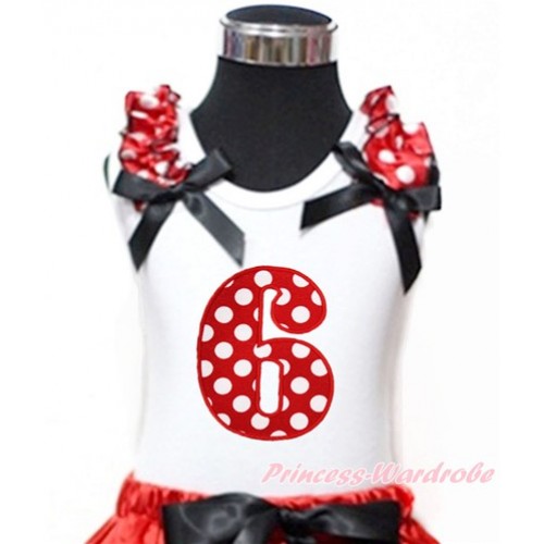 White Tank Top With Minnie Dots Ruffles & Black Bow With 6th Minnie Dots Birthday Number Print TB772 