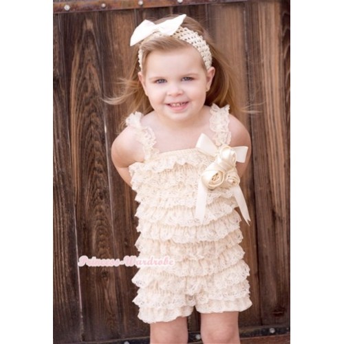 Cream White Lace Ruffles Rompers With Straps With Big Bow & Bunch Of Cream White Satin Rosettes& Crystal,With Cream White Headband Cream White Satin Bow RH133 