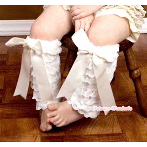 Baby Cream White Lace Leg Warmers Leggings with Cream White Ribbon LG234 