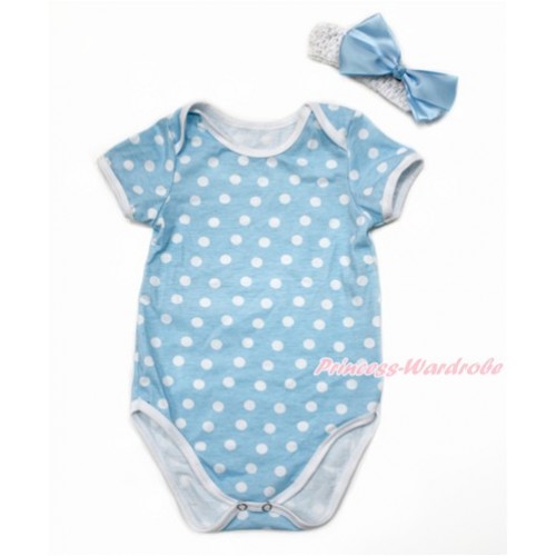 Light Blue White Dots Baby Jumpsuit with White Headband Light Blue Satin Bow TH489 