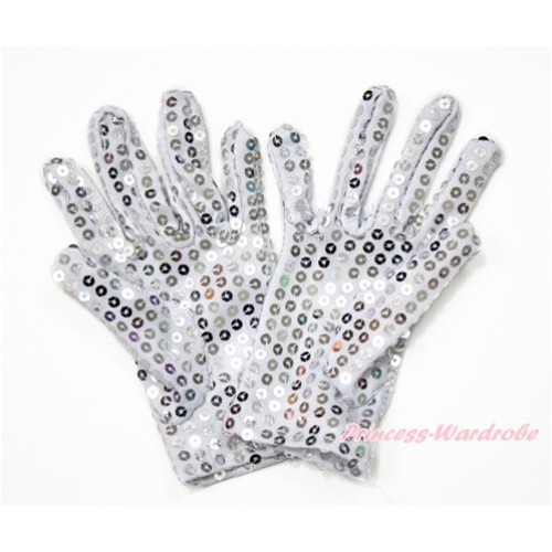 White Silver Grey Sparkle Sequins Gloves Party Costume C258 