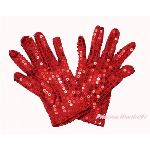 Hot Red Sparkle Sequins Gloves Party Costume C260 