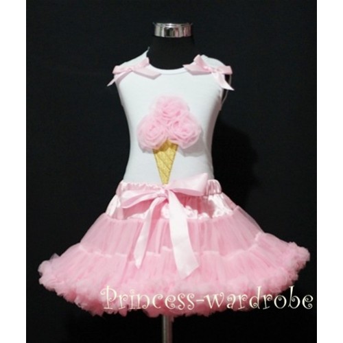 Light Pink Pettiskirt With Light Pink Ice Cream White Tank Top with Bow MS201 