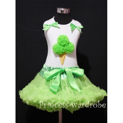 Light Green Pettiskirt With Dark Green Ice Cream White Tank Top with Light Green Bows MS205 