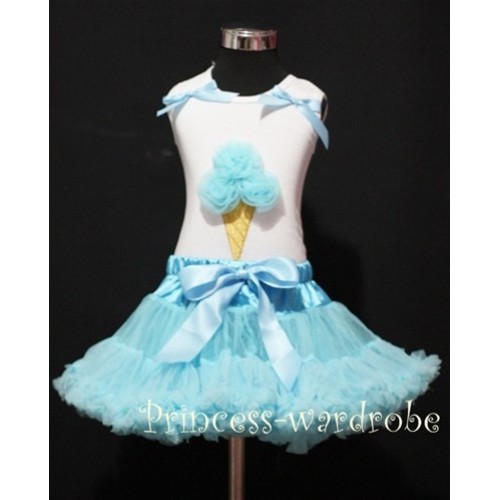 Light Blue Pettiskirt With Light Blue Ice Cream White Tank Top with Bows MS206 