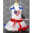 White Baby Pettitop & Patriotic America Flag Heart & Royal Blue Ruffles & Royal Blue Bows with Red White Royal Blue Baby Pettiskirt NG371 