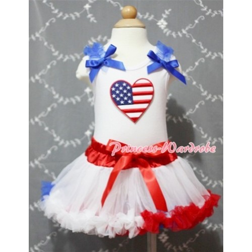 White Baby Pettitop & Patriotic America Flag Heart & Royal Blue Ruffles & Royal Blue Bows with Red White Royal Blue Baby Pettiskirt NG371 
