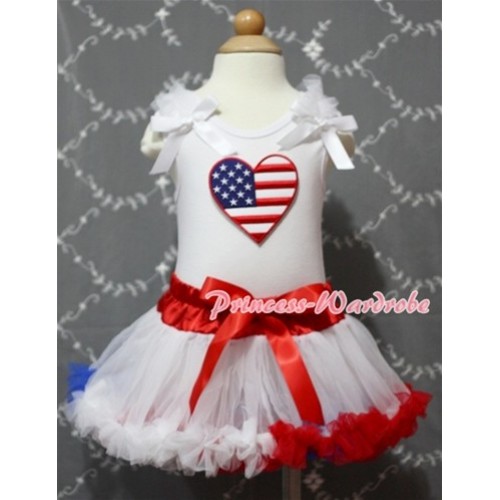 White Baby Pettitop & Patriotic America Flag Heart & White Ruffles & White Bows with Red White Royal Blue Baby Pettiskirt NG372 
