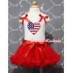 White Baby Pettitop & Patriotic America Flag Heart & Red Ruffles & Red Bows with Hot Red Baby Pettiskirt NG375 