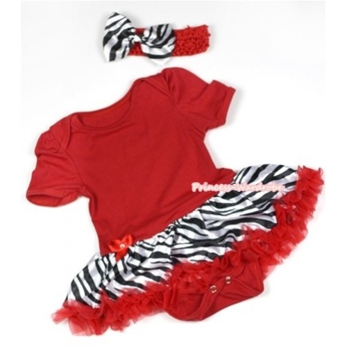 Red Baby Jumpsuit Red Zebra Pettiskirt With Red Headband Zebra Satin Bow JS674 