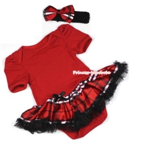Red Baby Jumpsuit Red Black Checked Pettiskirt With Black Headband Red Black Checked Satin Bow JS675 